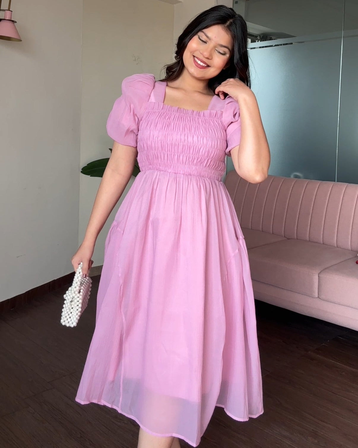 Smocked Puff Sleeve Tissue Organza Dress