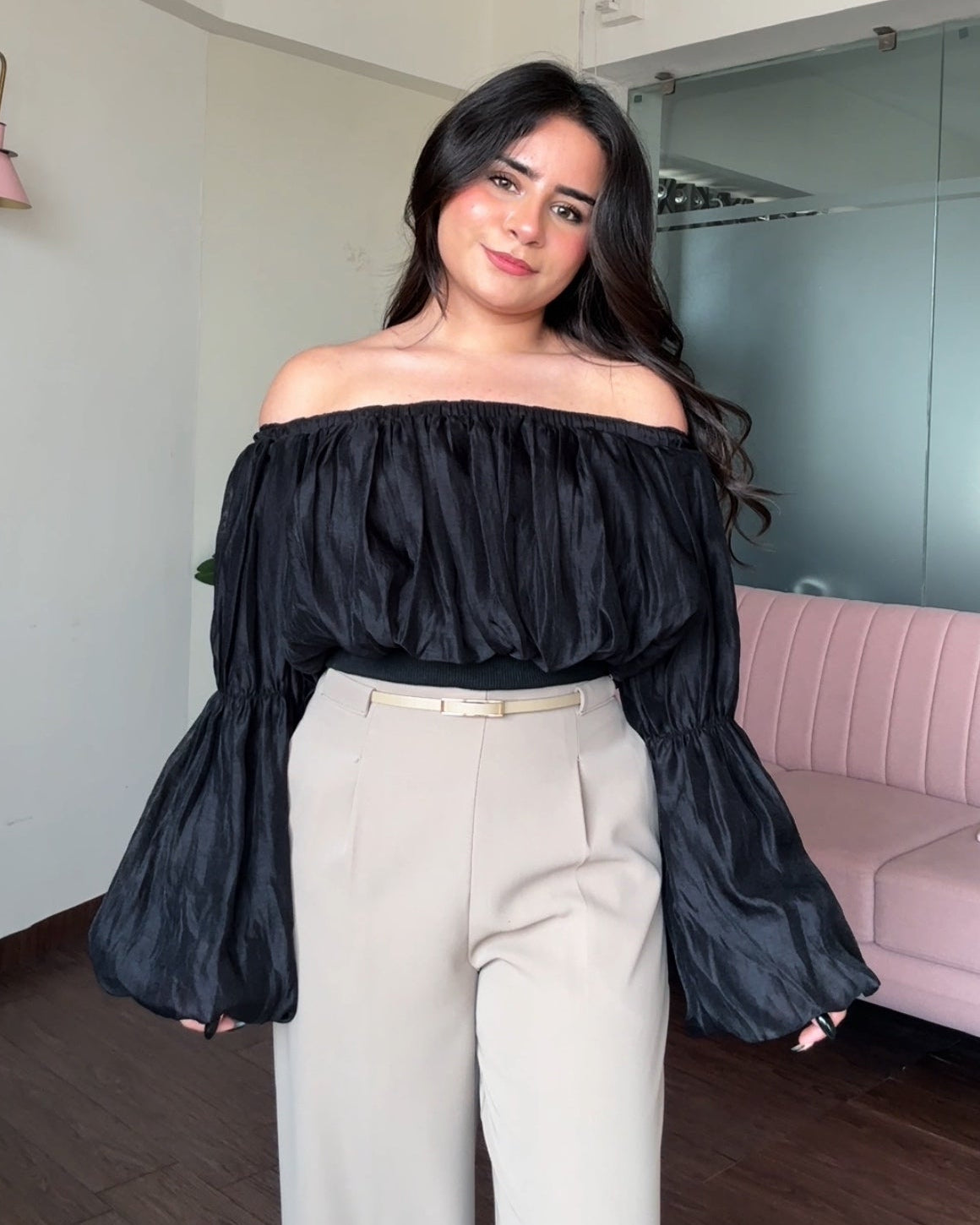 Organza Off Shoulder Balloon Sleeve Top