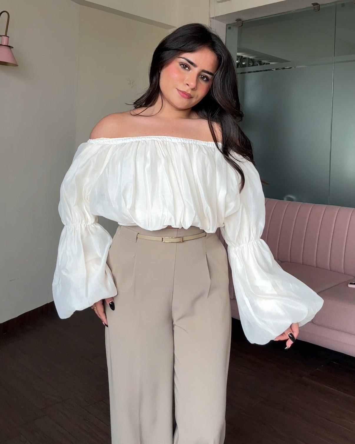 Organza Off Shoulder Balloon Sleeve Top