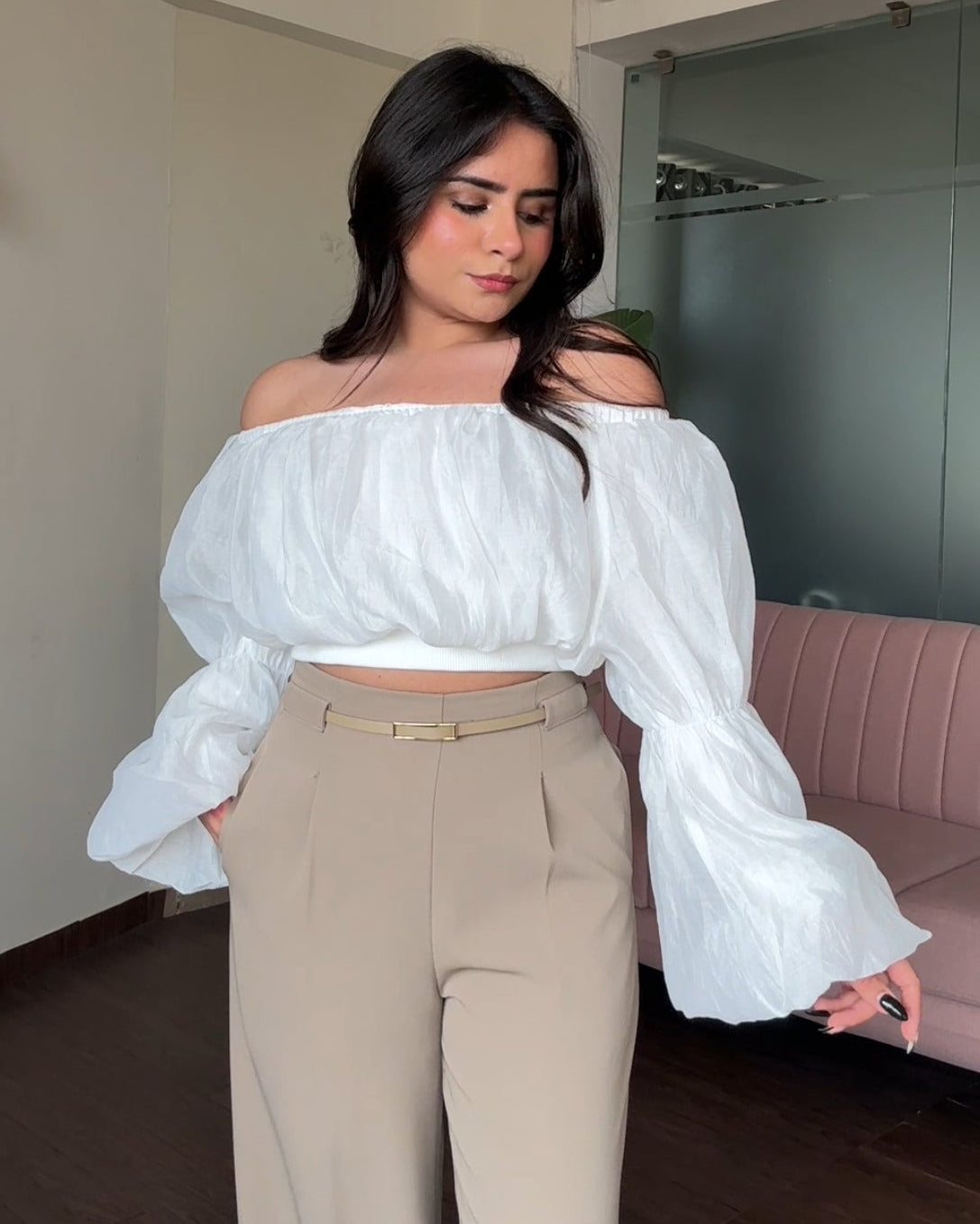 Organza Off Shoulder Balloon Sleeve Top