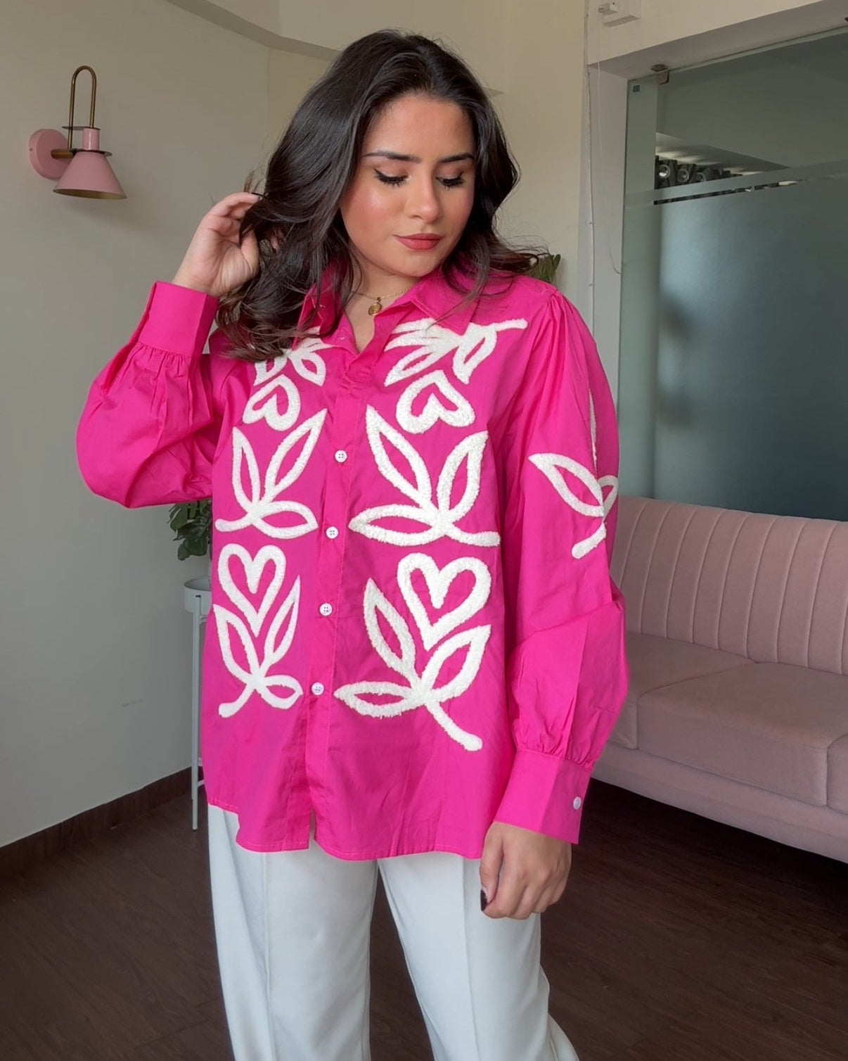 Contrast Embroidery Button Up Oversized Shirt