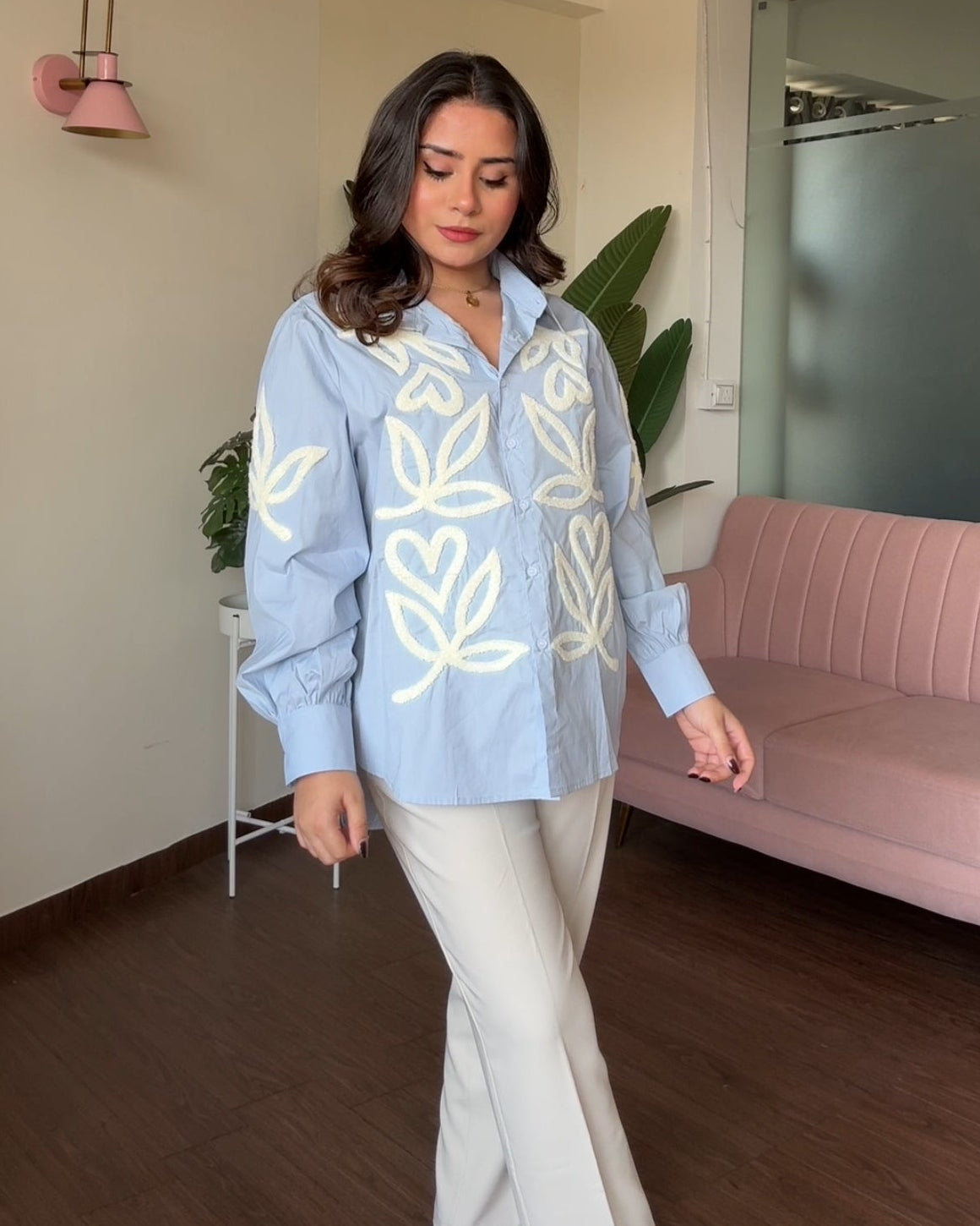 Contrast Embroidery Button Up Oversized Shirt