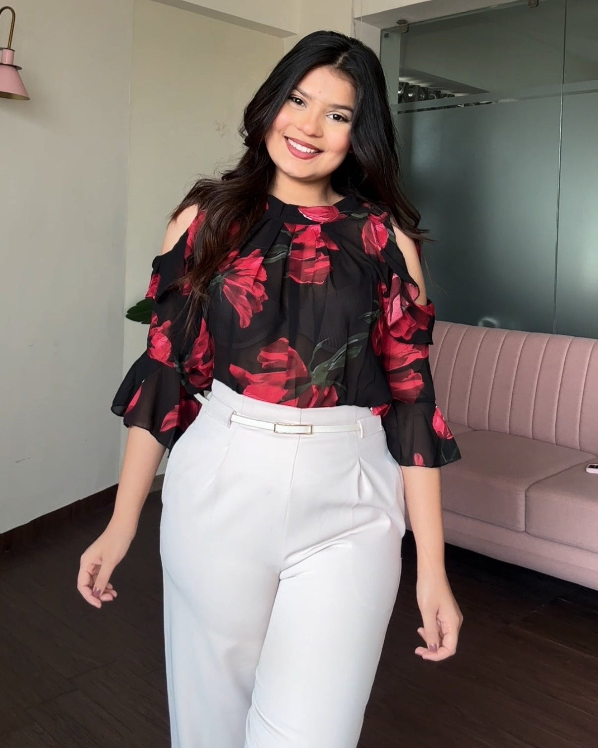 Floral Printed Cold Shoulder Ruffle Blouse