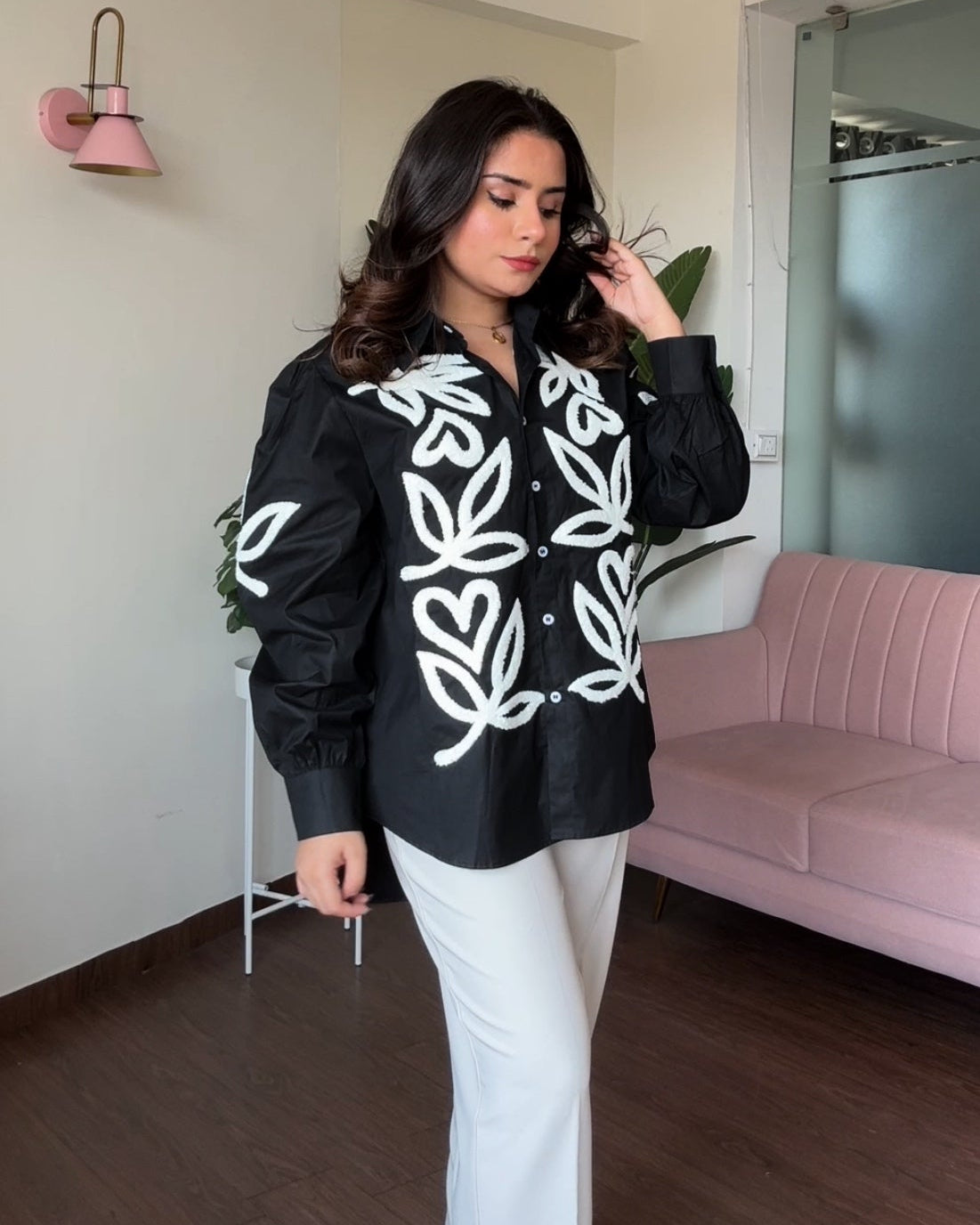 Contrast Embroidery Button Up Oversized Shirt