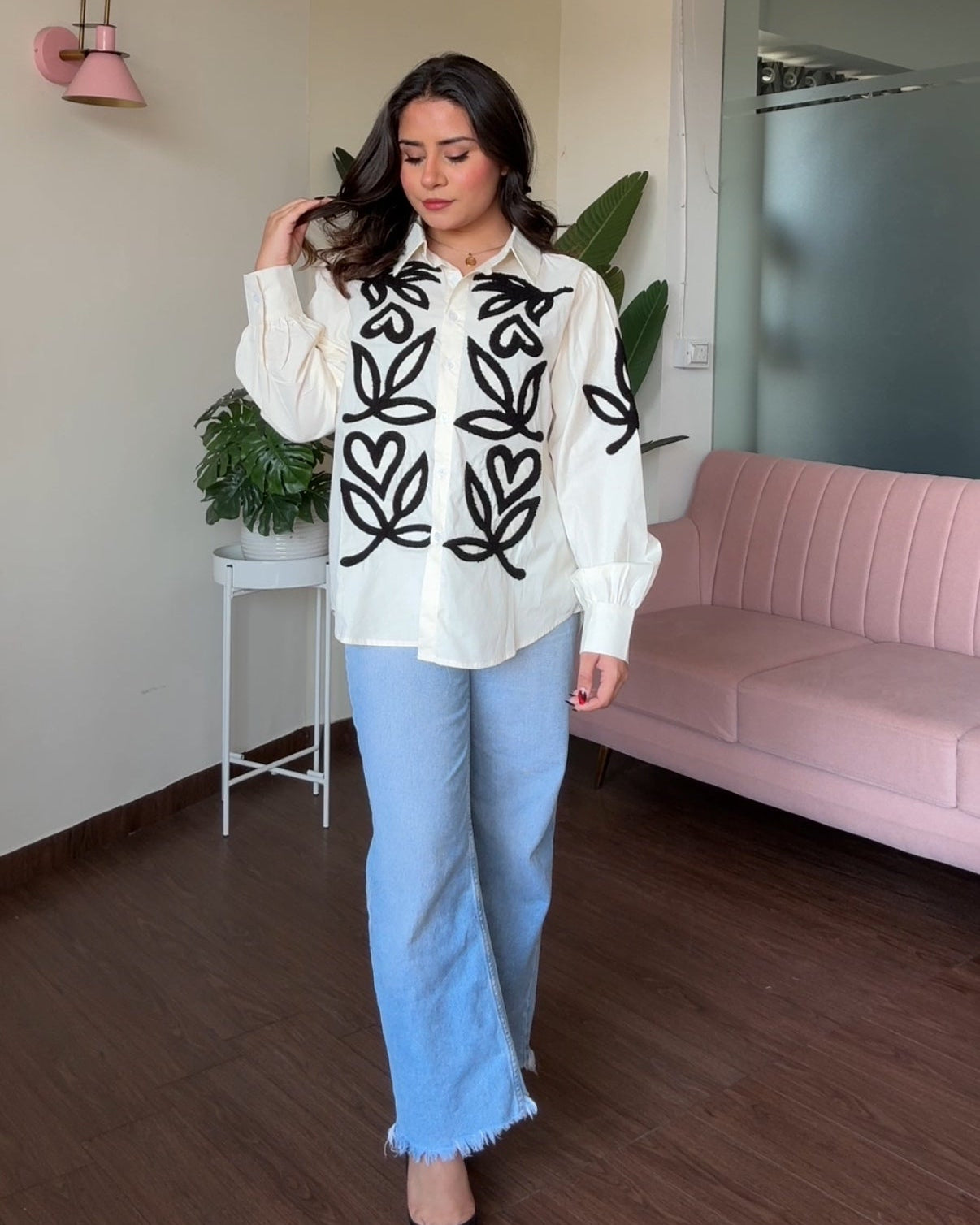 Contrast Embroidery Button Up Oversized Shirt