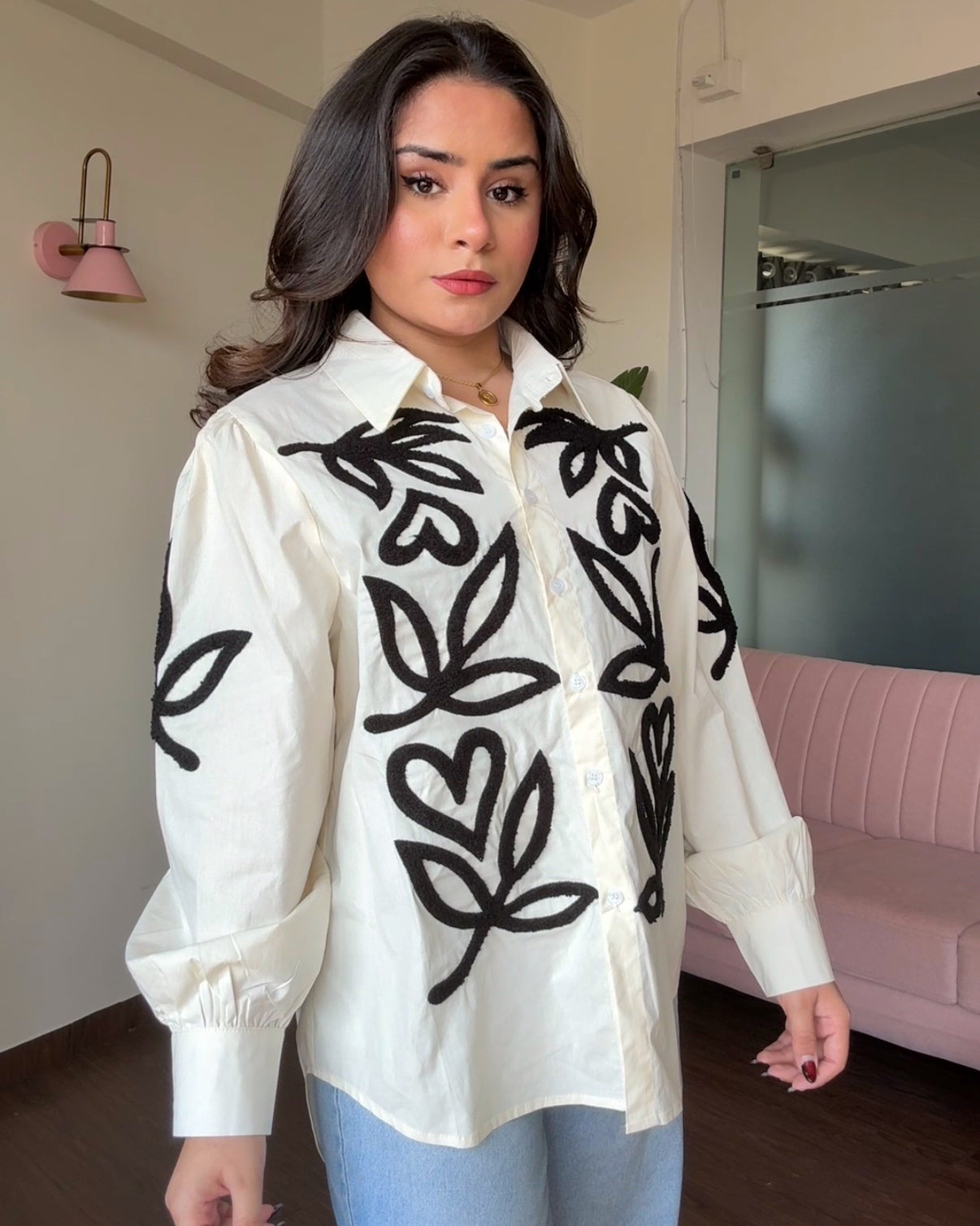 Contrast Embroidery Button Up Oversized Shirt