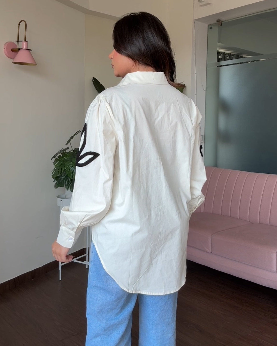 Contrast Embroidery Button Up Oversized Shirt