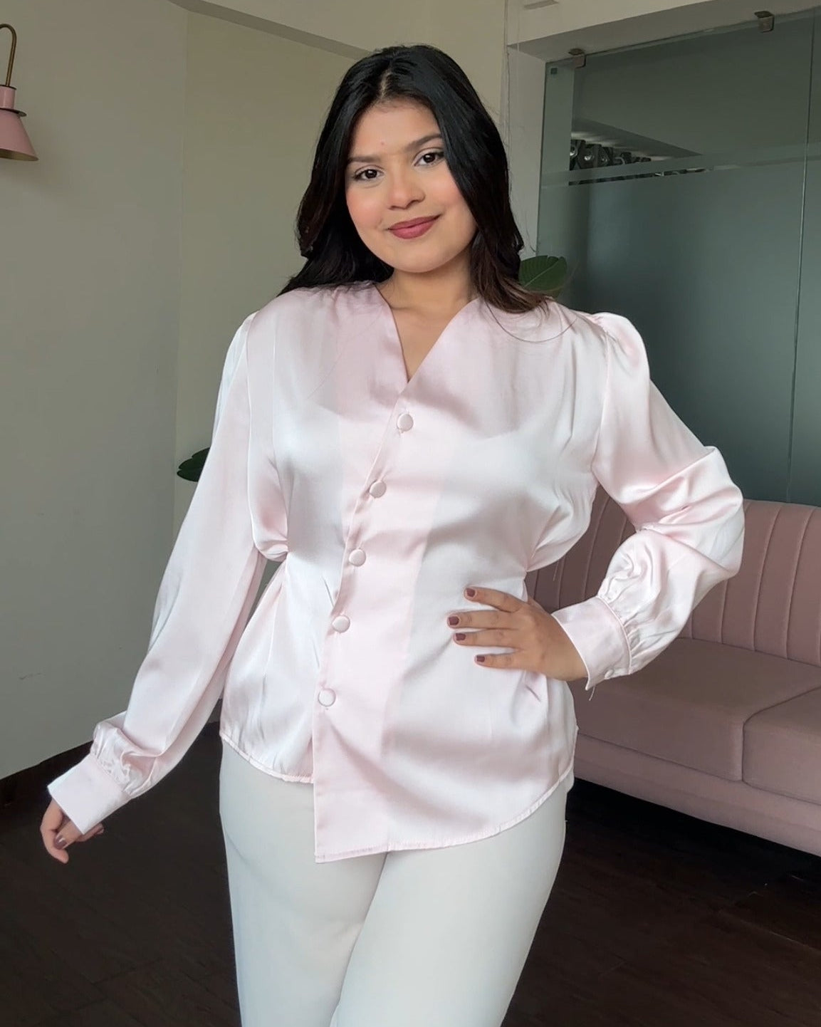 Back Tip Up Solid Hem Detailing Satin Top