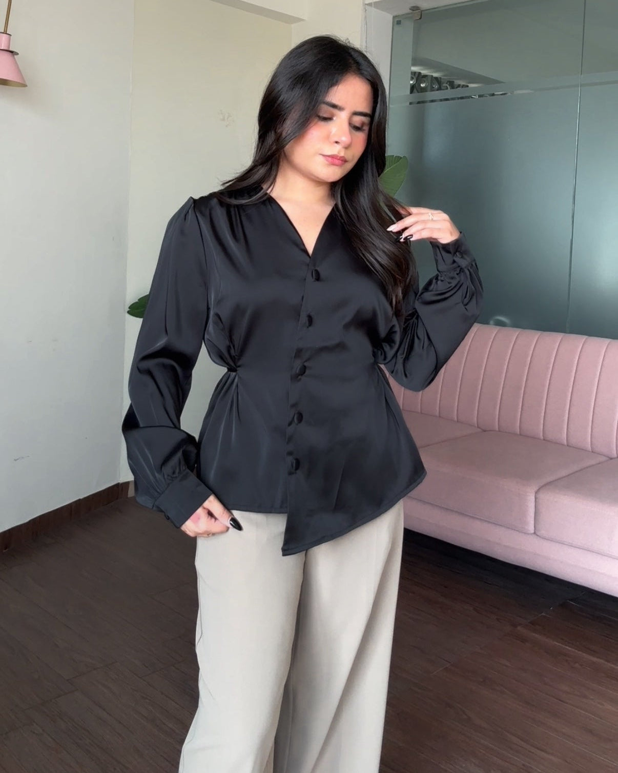 Back Tip Up Solid Hem Detailing Satin Top