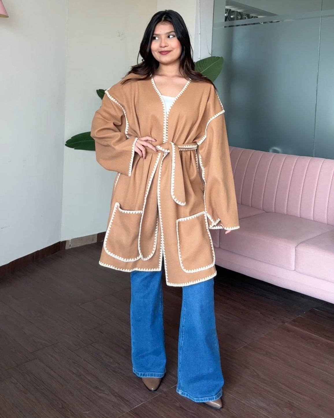 Contrast Stitching Detailing Woollen Coat