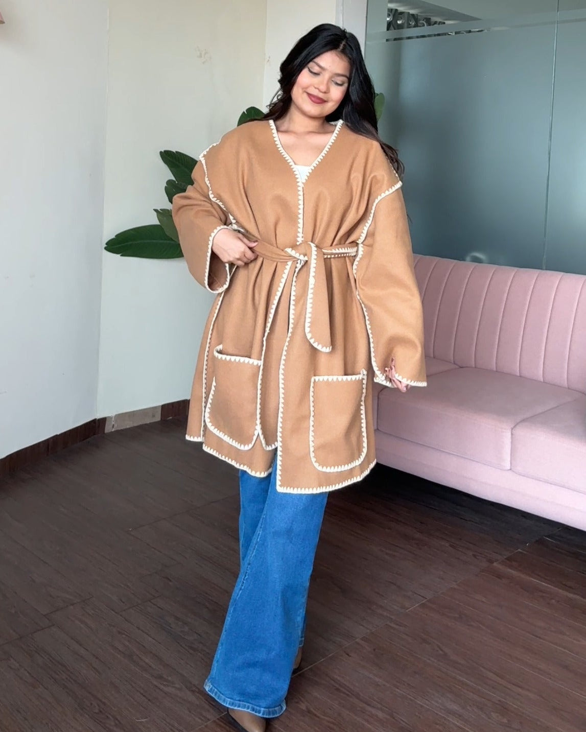 Contrast Stitching Detailing Woollen Coat