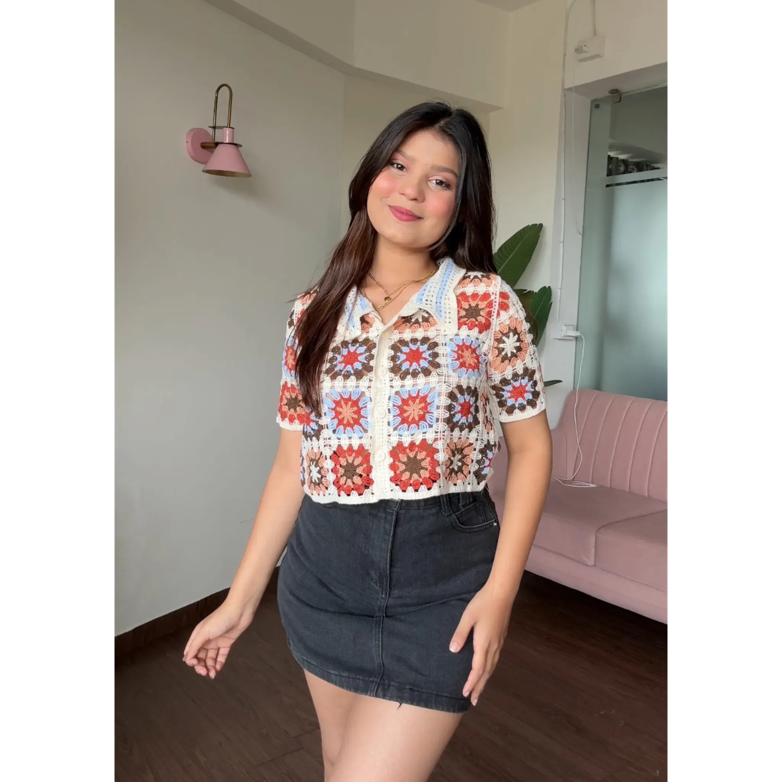 Crochet Patch Work Cropped Button Up Top