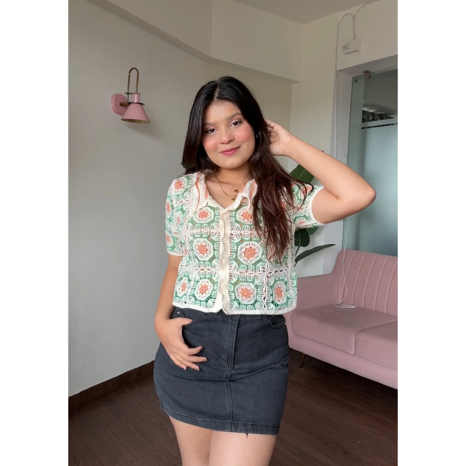 Crochet Patch Work Cropped Button Up Top