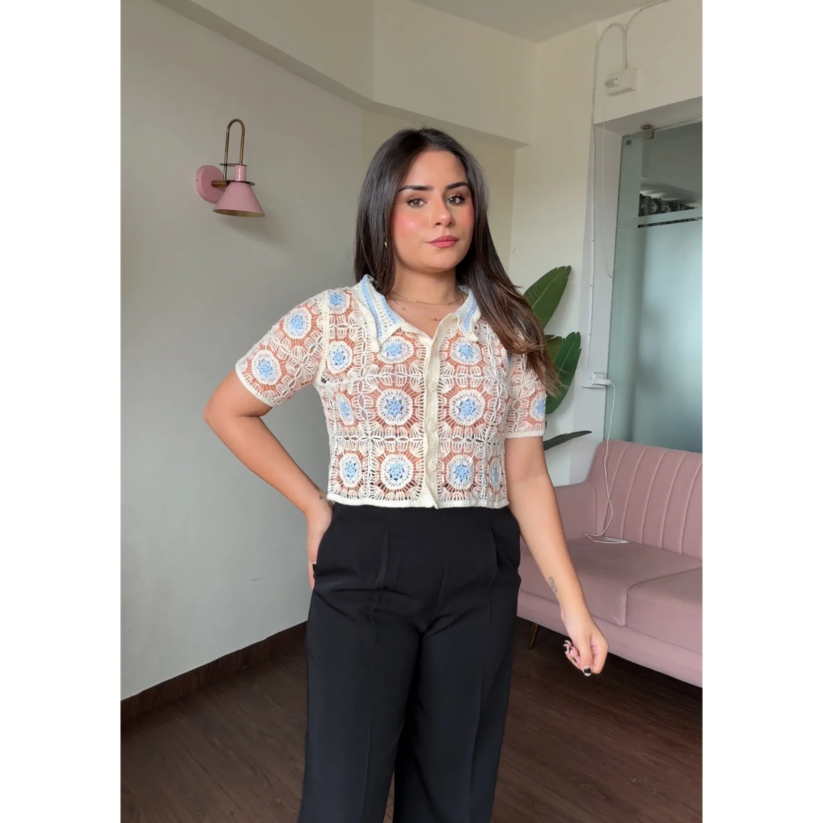 Crochet Patch Work Cropped Button Up Top