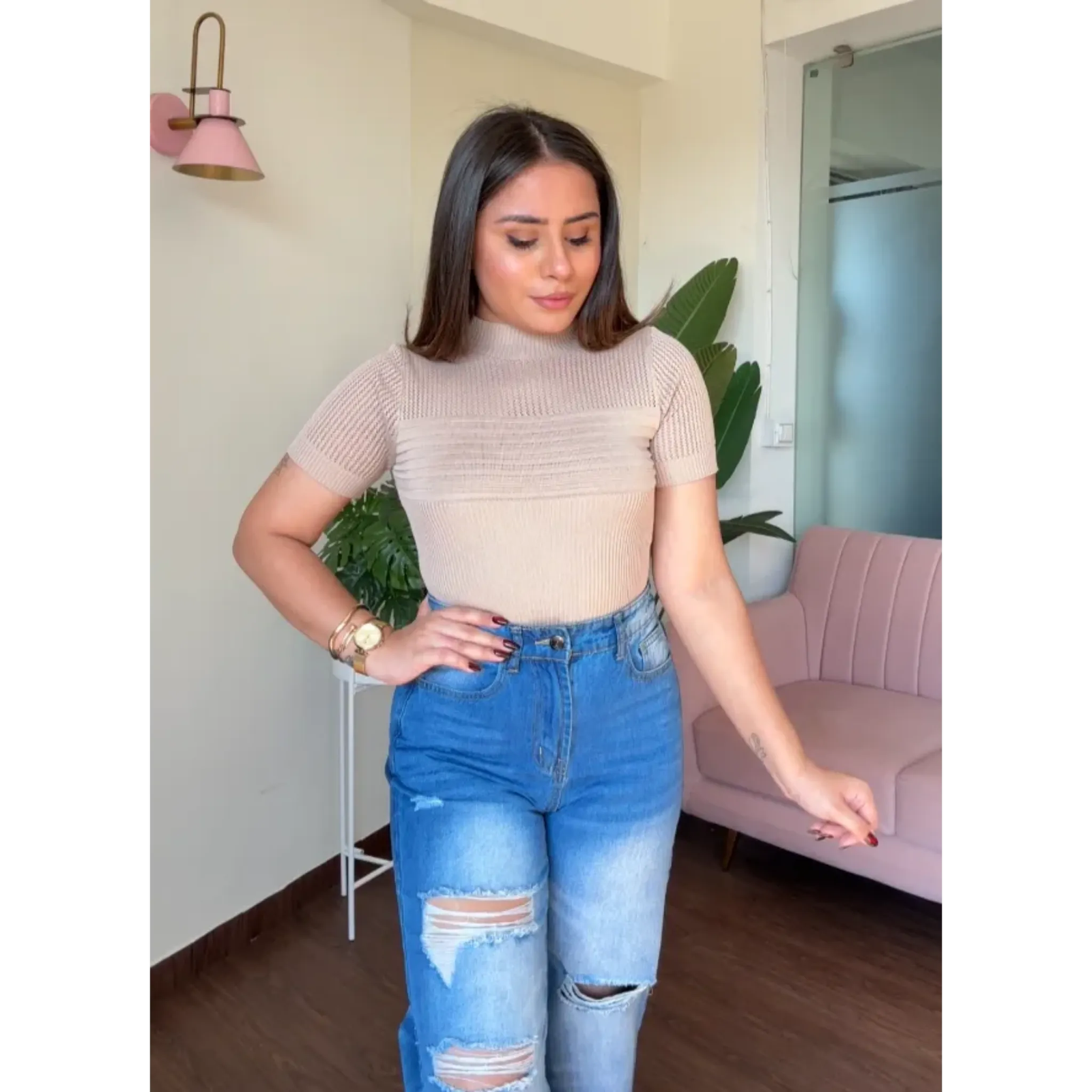 Textured High Neck Netted Top