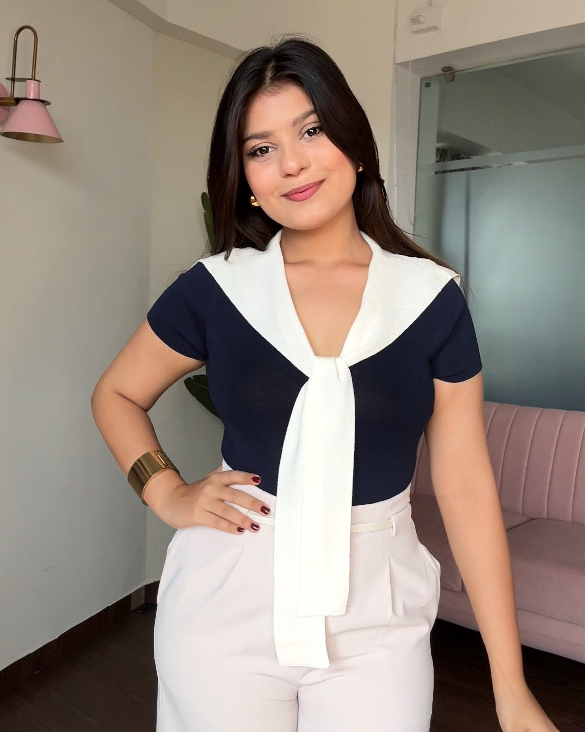 Contrast Tie Up Sweater Look Ribbed Top