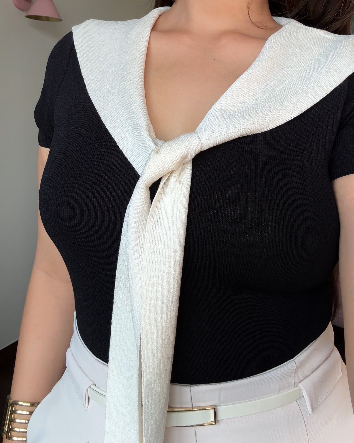 Contrast Tie Up Sweater Look Ribbed Top