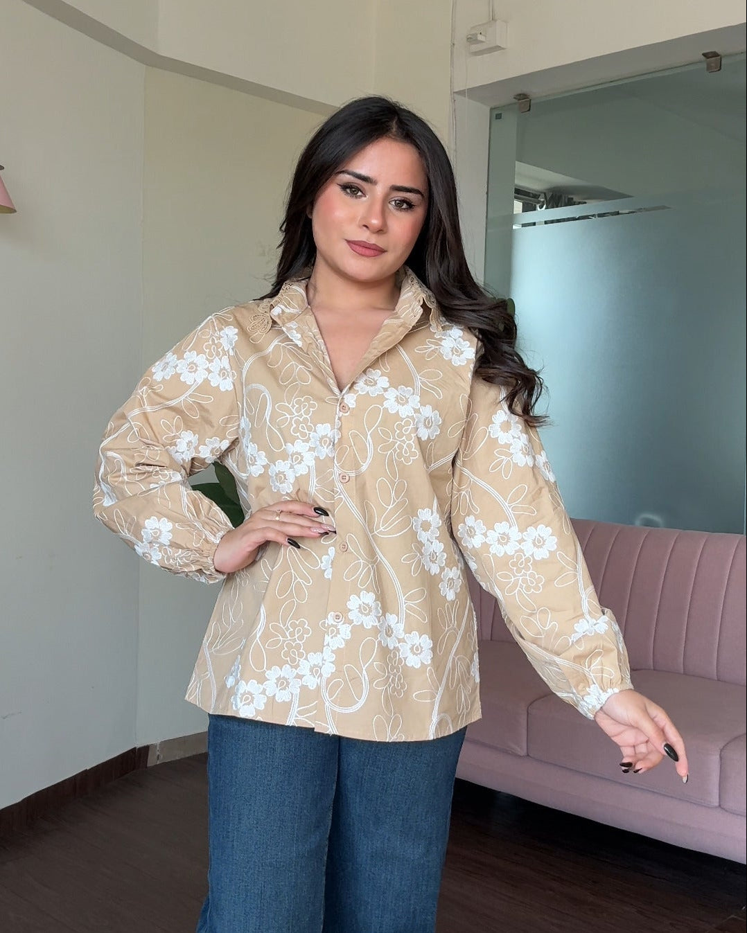 Lace Collar Balloon Sleeve Minimal Embroidery Cotton Shirt