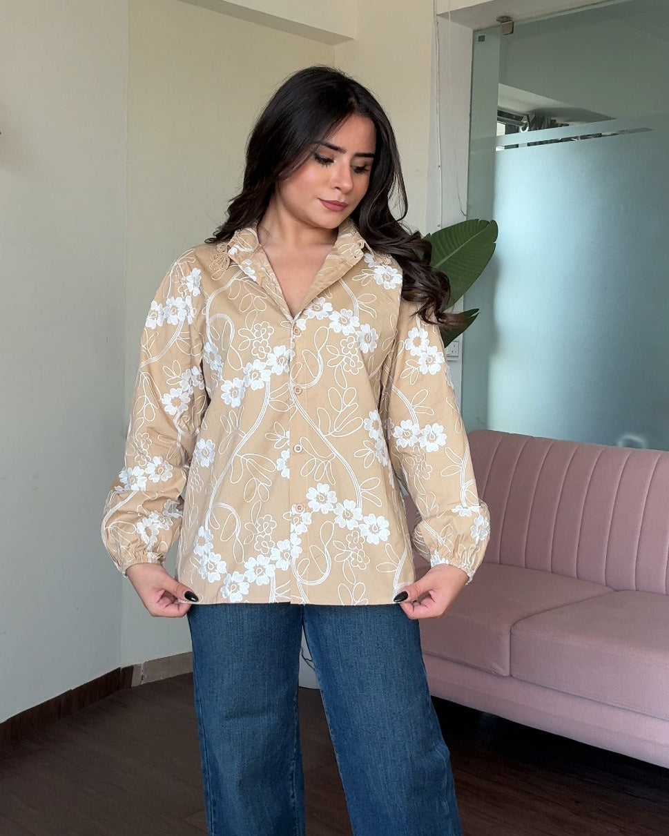 Lace Collar Balloon Sleeve Minimal Embroidery Cotton Shirt