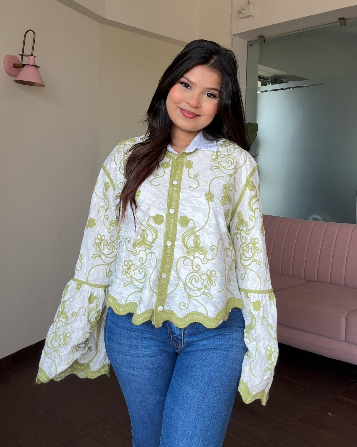 Bell Sleeve Embroidered Tissue Cotton Shirt
