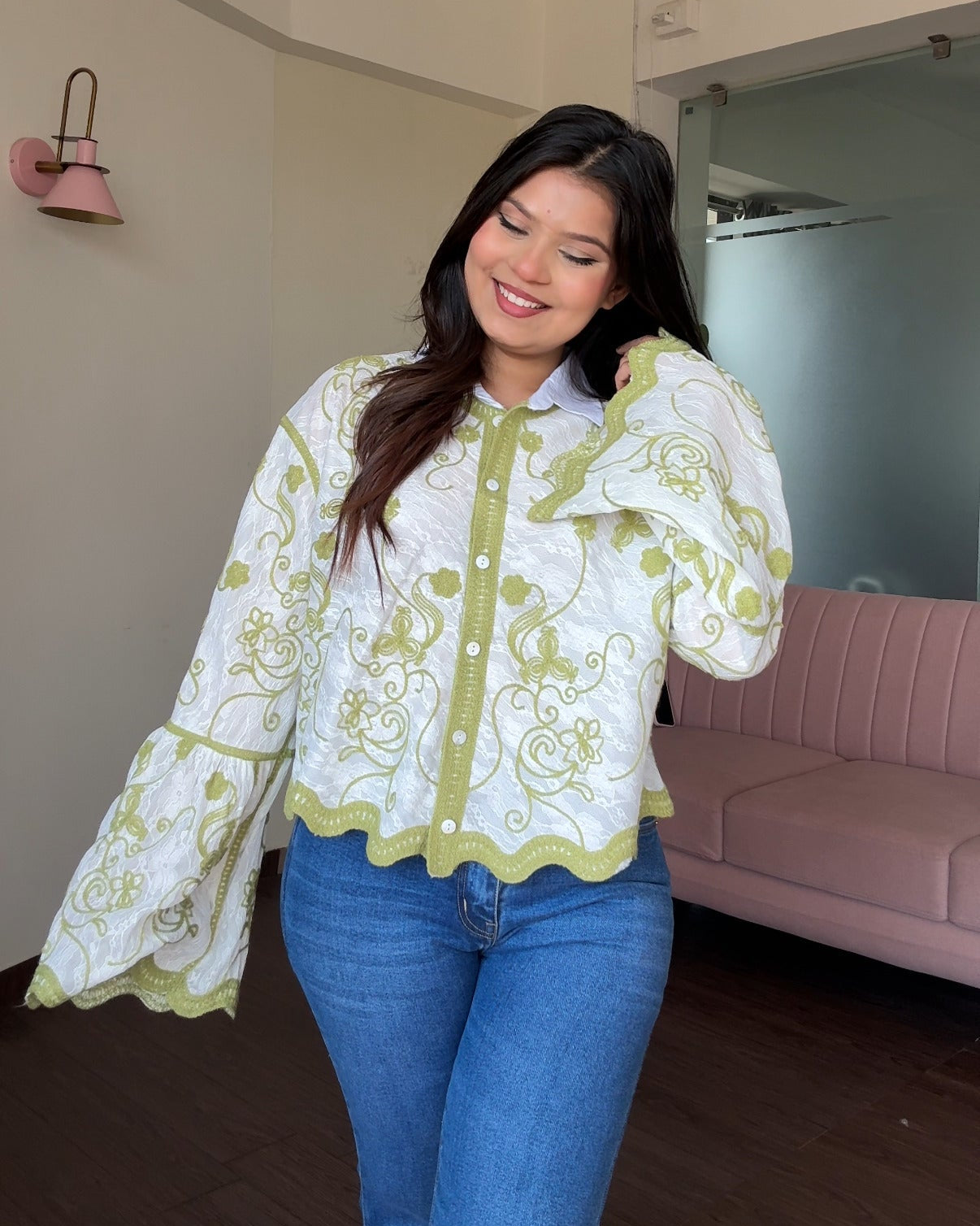 Bell Sleeve Embroidered Tissue Cotton Shirt