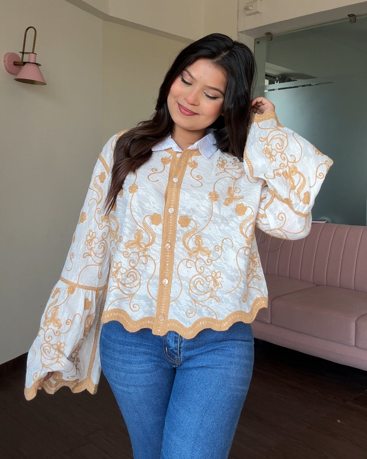 Bell Sleeve Embroidered Tissue Cotton Shirt