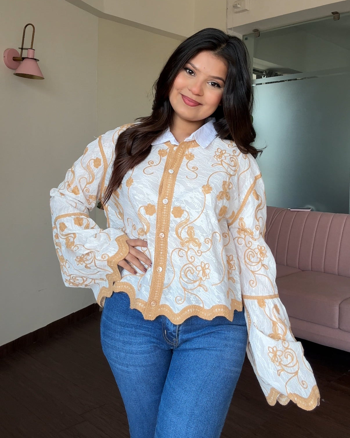 Bell Sleeve Embroidered Tissue Cotton Shirt