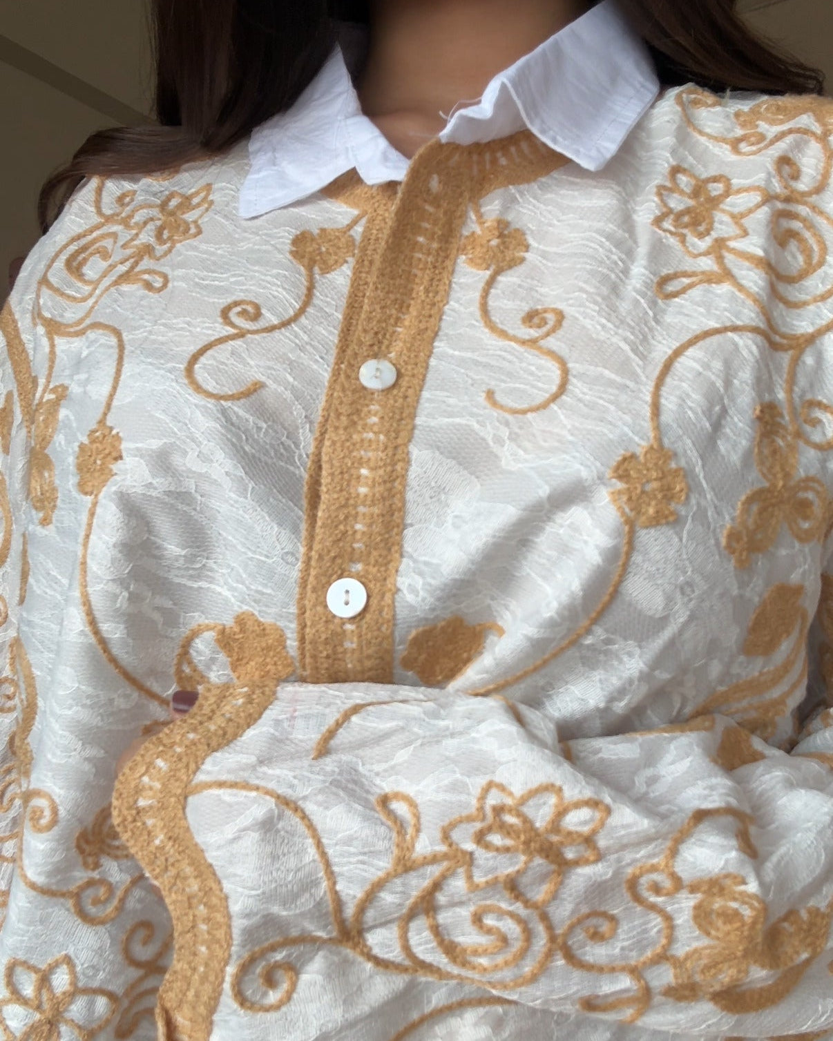 Bell Sleeve Embroidered Tissue Cotton Shirt