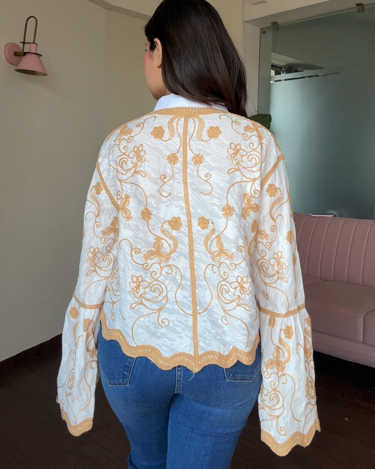 Bell Sleeve Embroidered Tissue Cotton Shirt