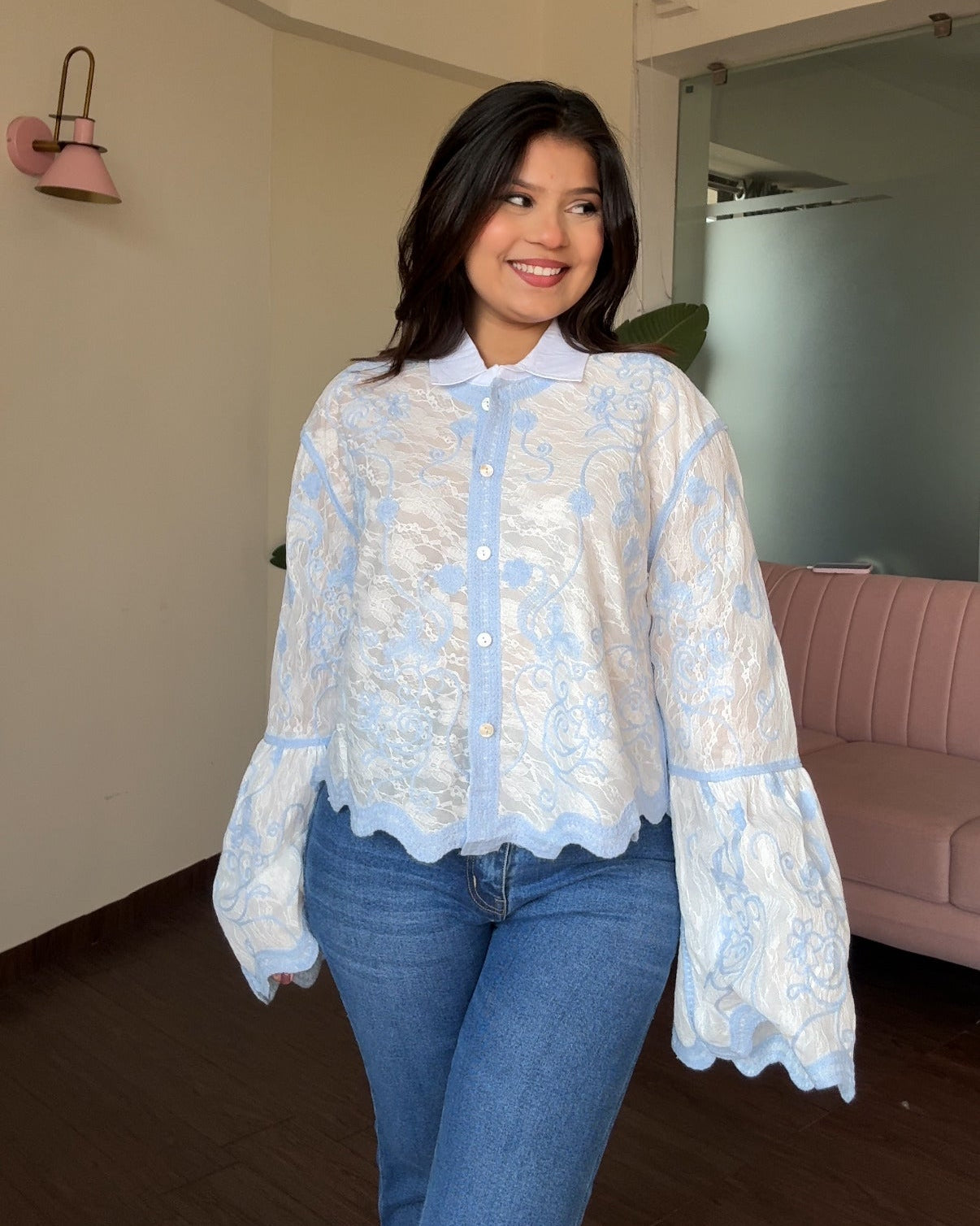 Bell Sleeve Embroidered Tissue Cotton Shirt