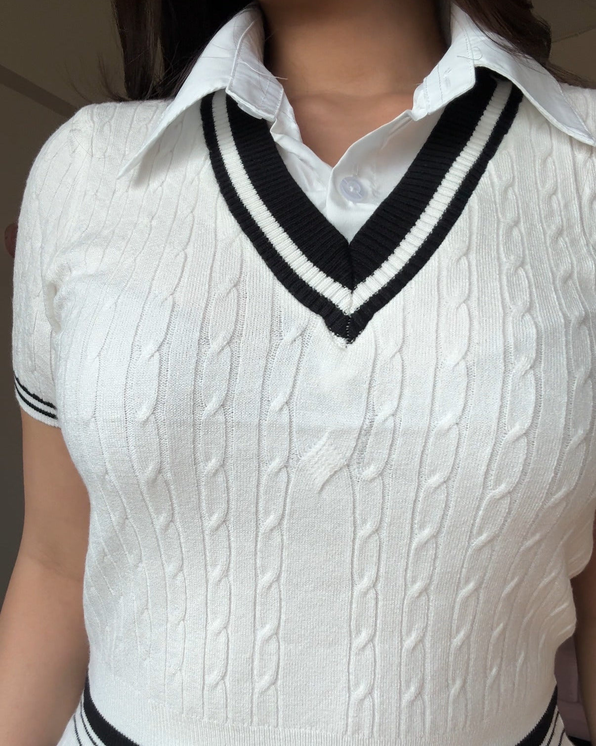 V Neck Textured Top With Attached Collar