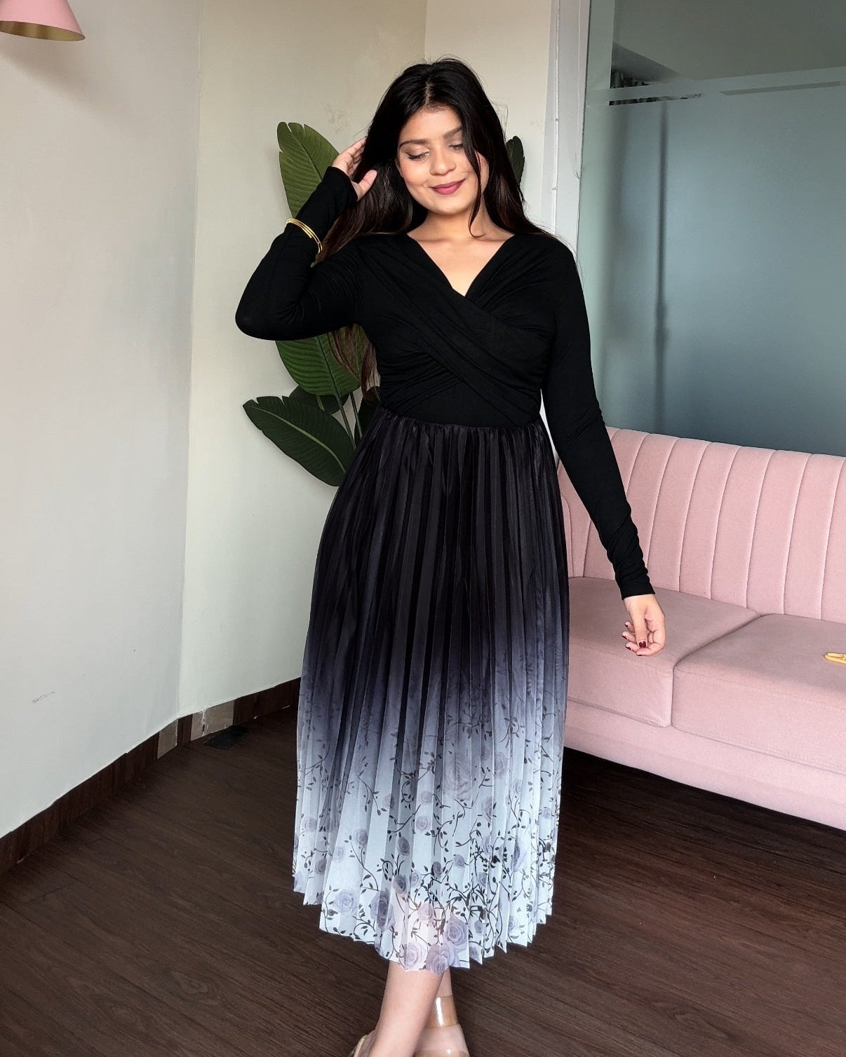 Floral Ombré Chiffon Pleated Skirt