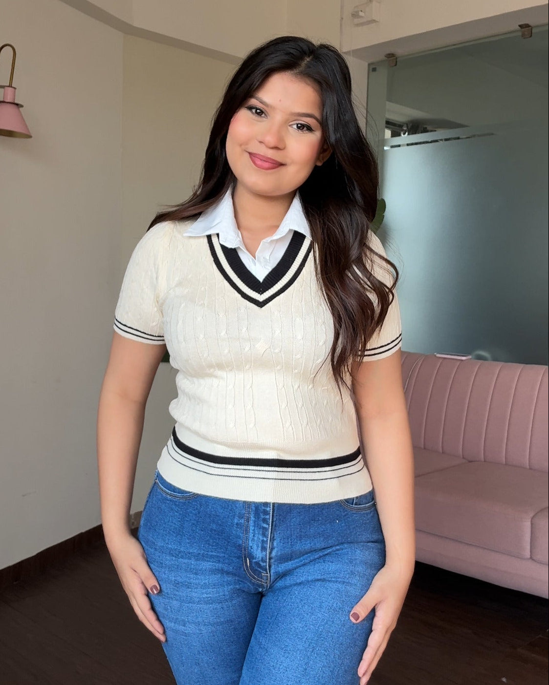 V Neck Textured Top With Attached Collar