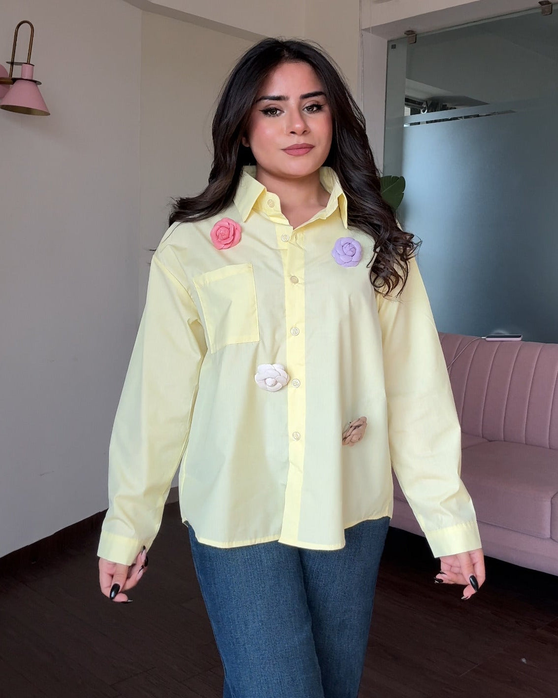 Solid Cotton Shirt With 4 Flower Pins