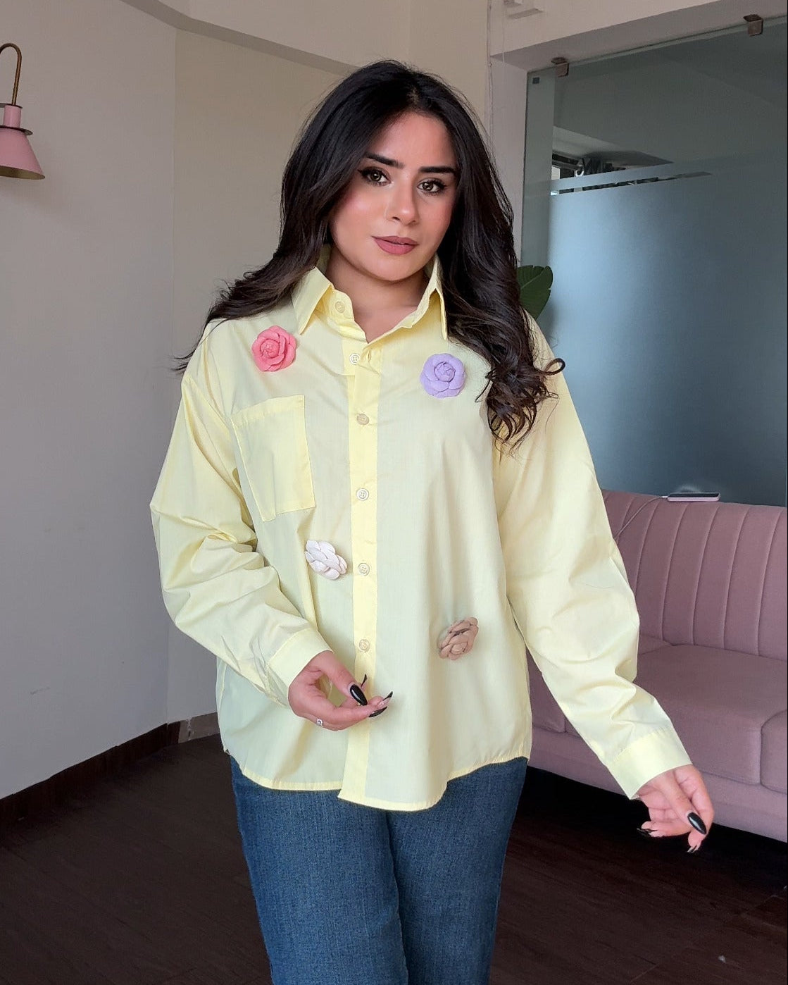Solid Cotton Shirt With 4 Flower Pins