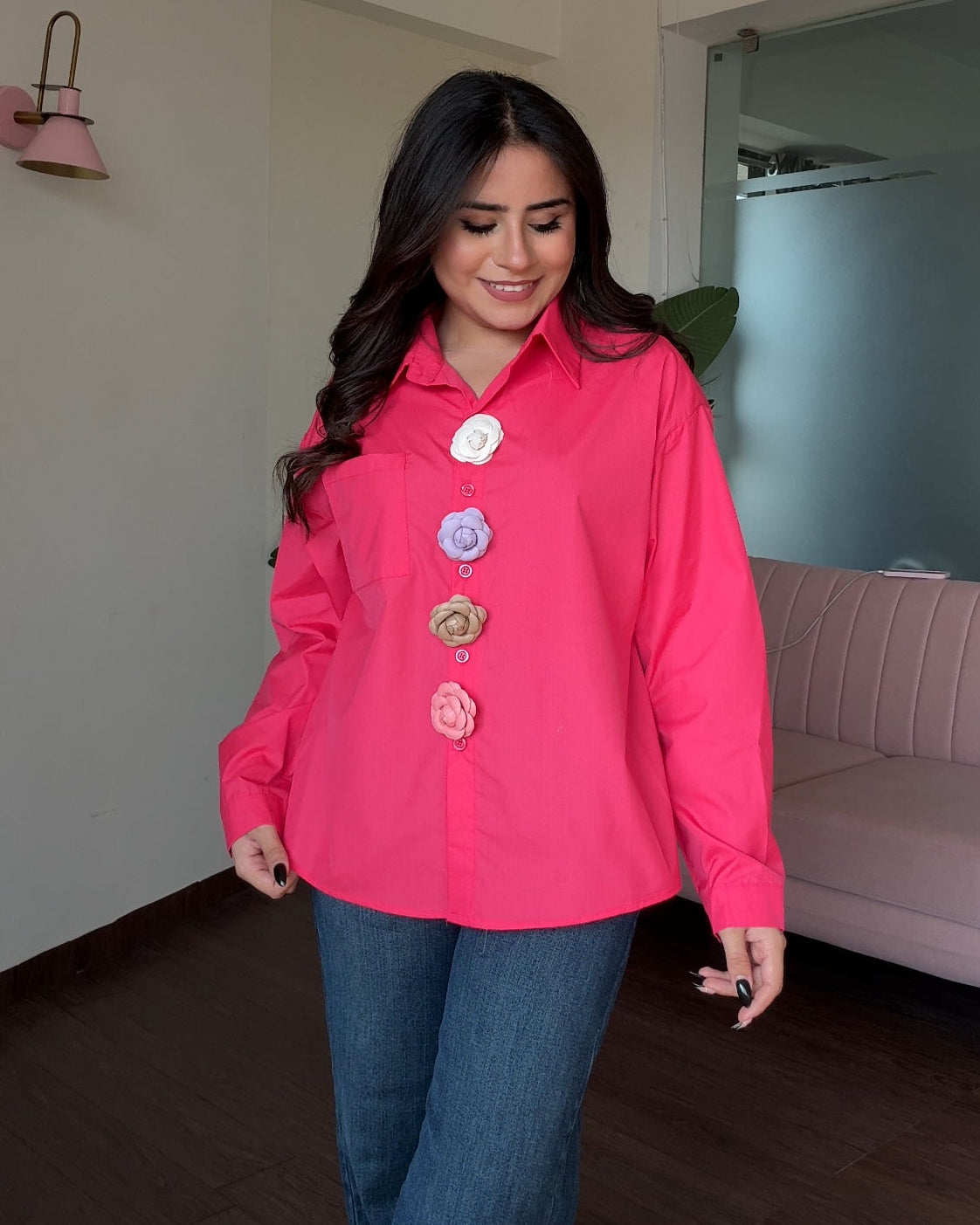 Solid Cotton Shirt With 4 Flower Pins