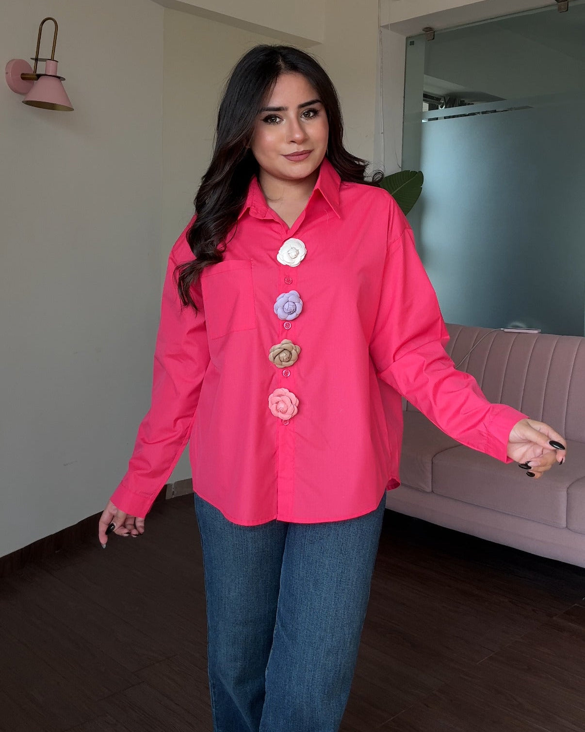 Solid Cotton Shirt With 4 Flower Pins