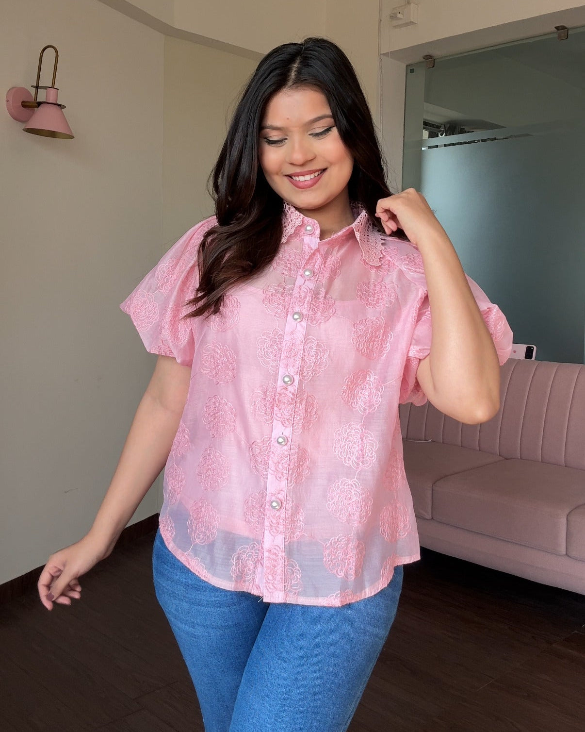 Organza Cut Sleeve Puff Sleeve Embroidered Top