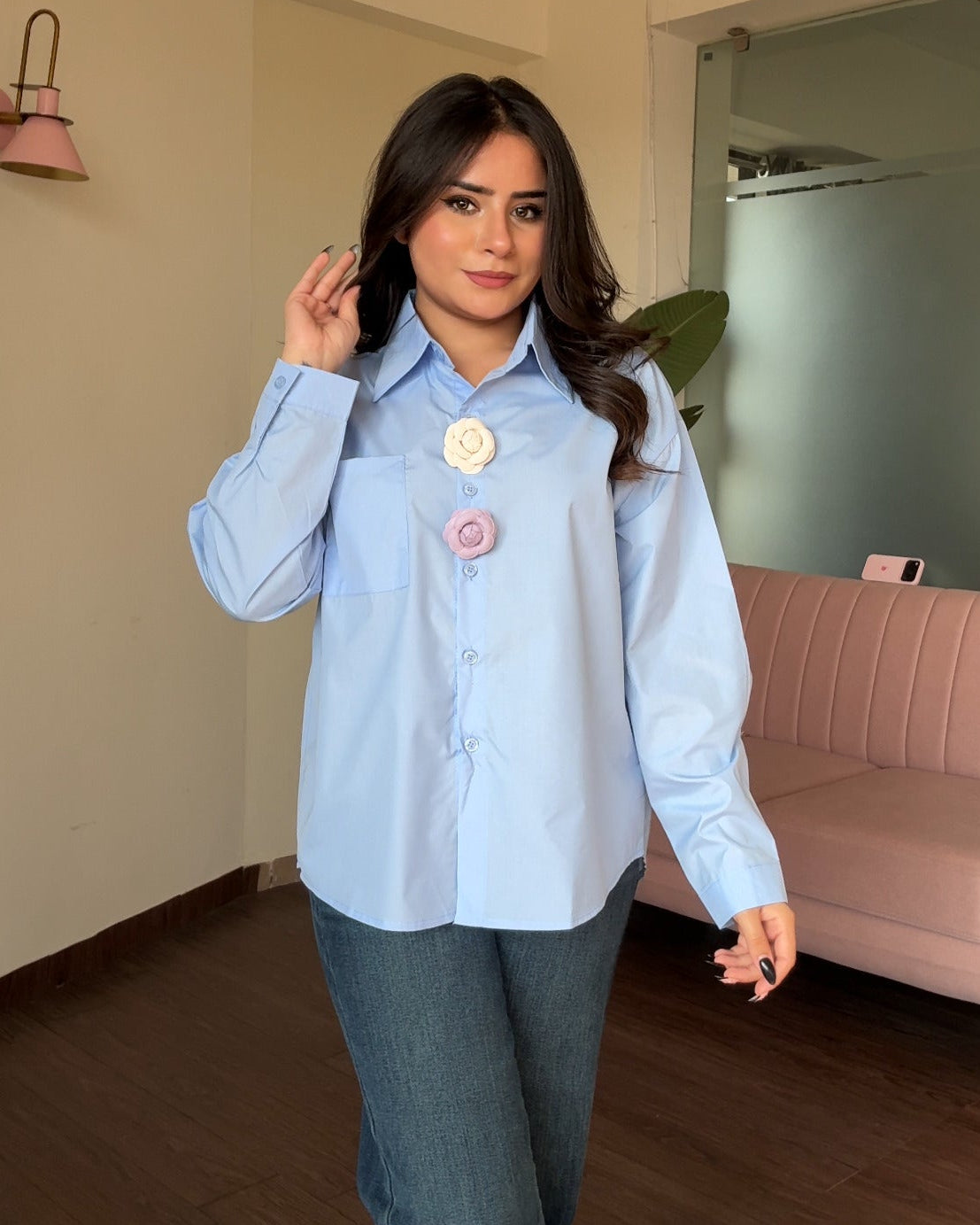 Solid Cotton Shirt With 4 Flower Pins