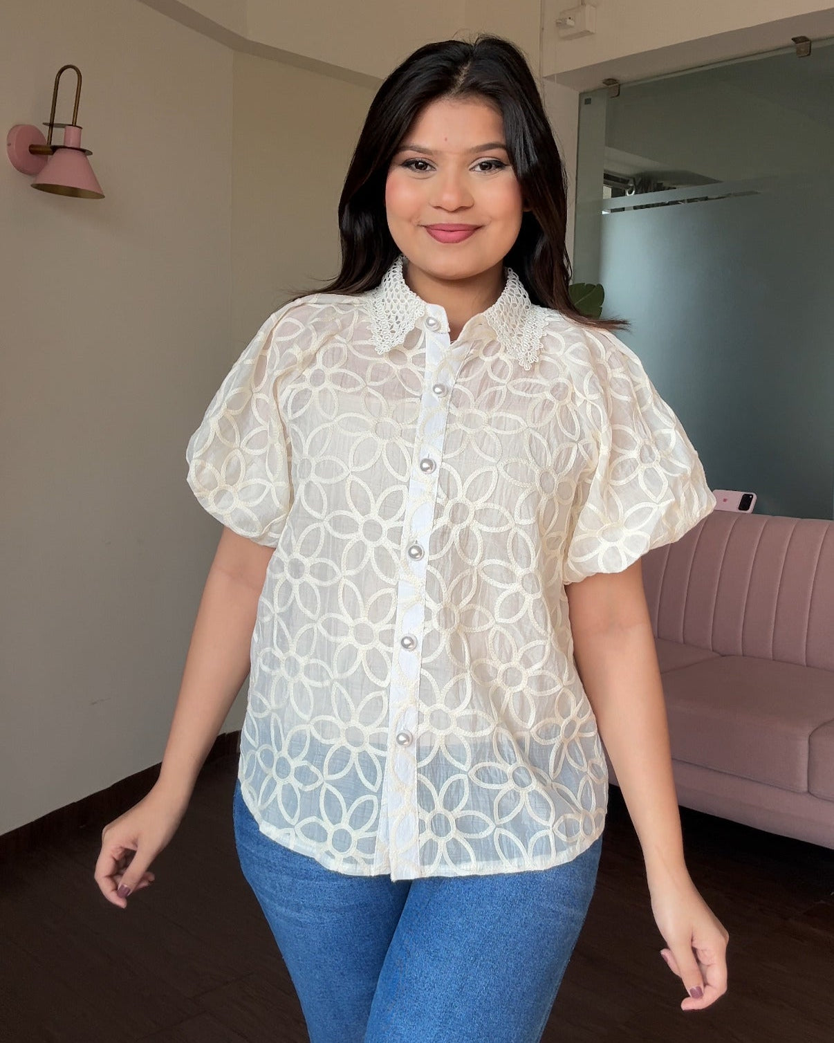 Organza Cut Sleeve Puff Sleeve Embroidered Top