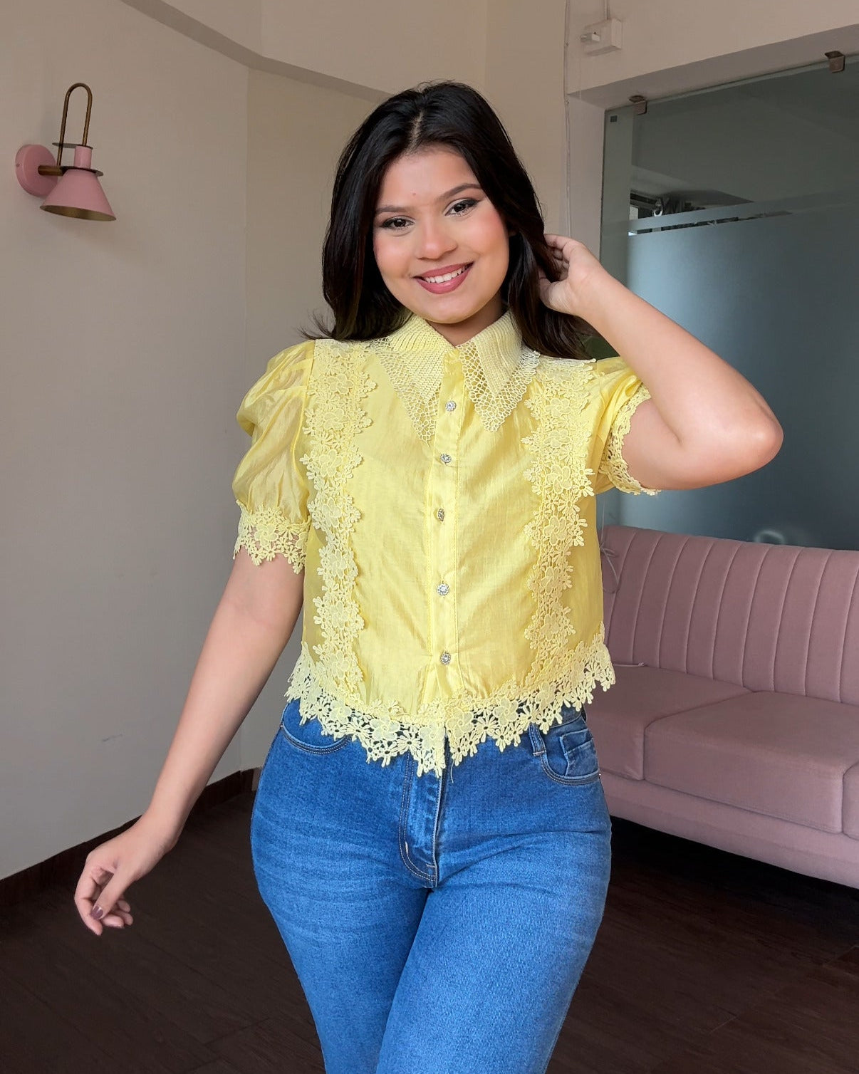 Lace Detailing Puff Sleeve Cropped Shirt