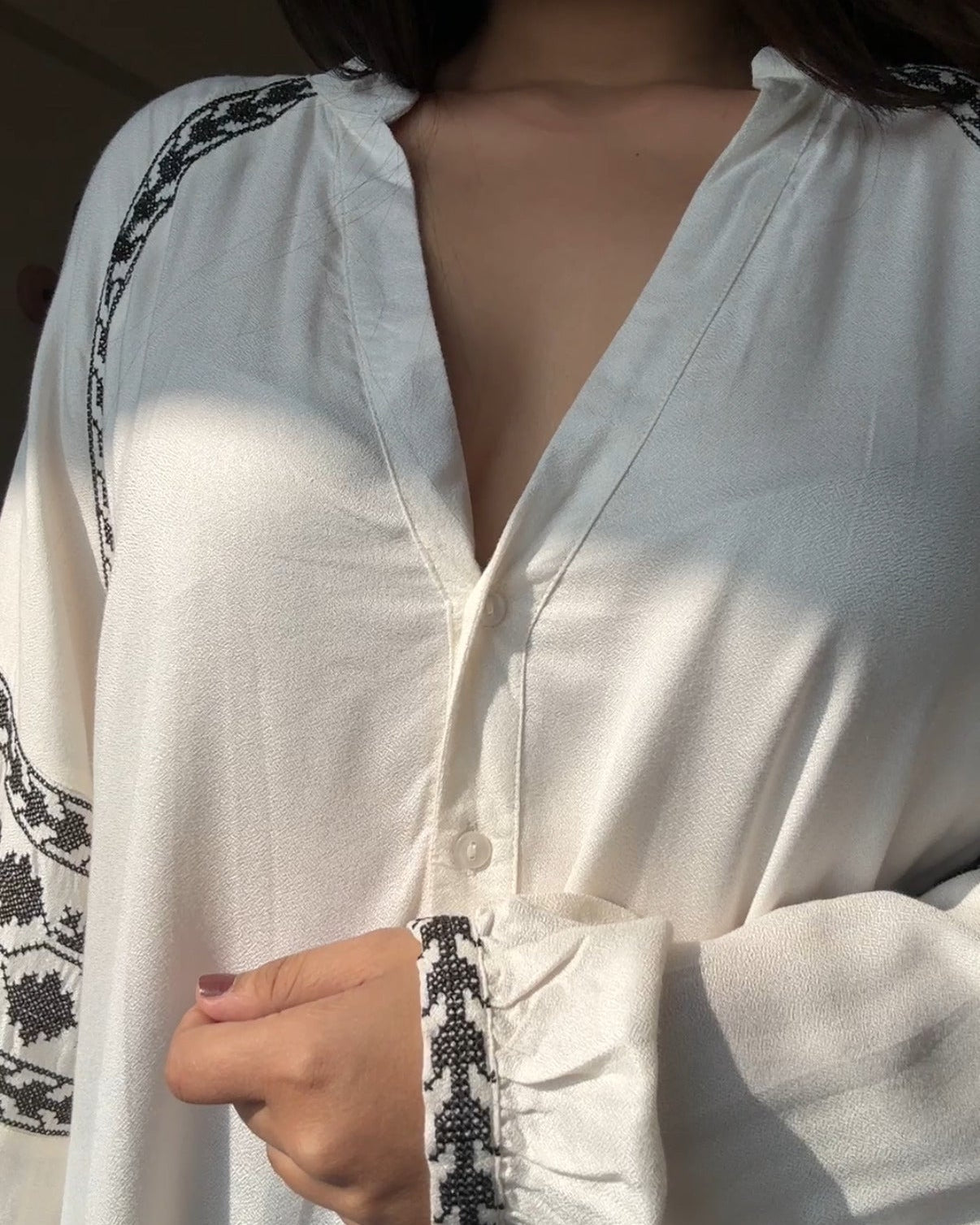 Contrast Embroidery V Neck Relaxed Fit Cotton Blouse