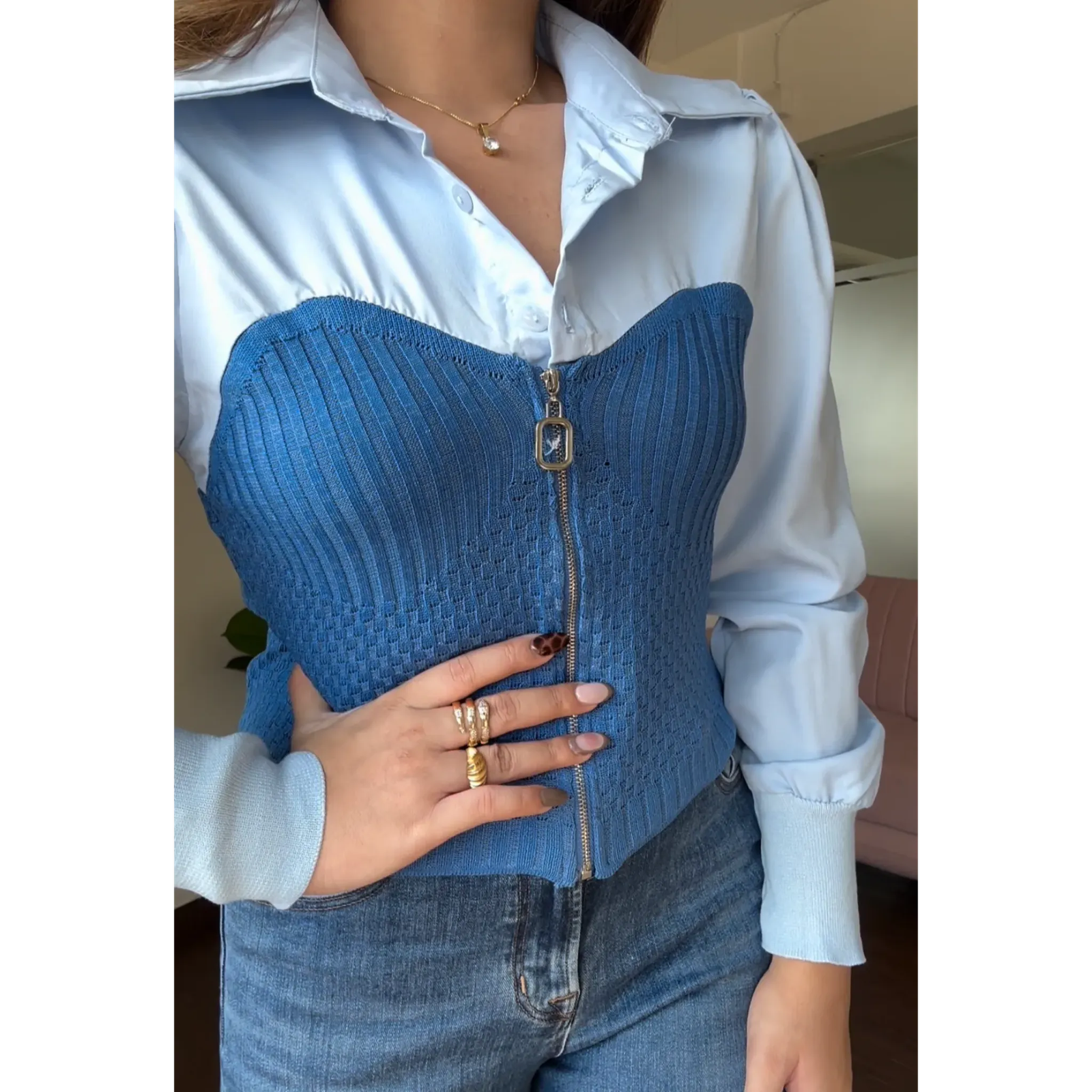 Zipper Textured Layered White Shirt