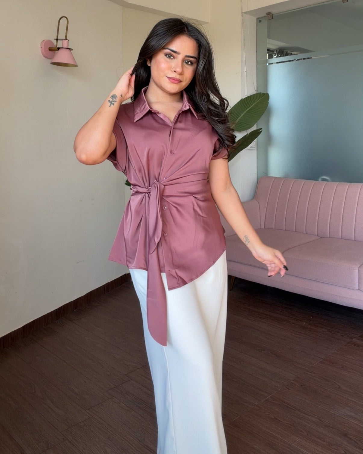 Cut Sleeves Button Up Wrap Style Satin Shirt