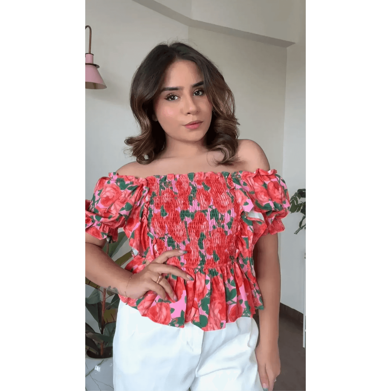 Off Shoulder Floral Smocked Top