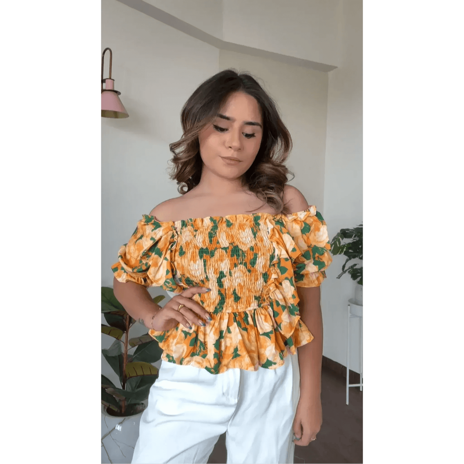 Off Shoulder Floral Smocked Top