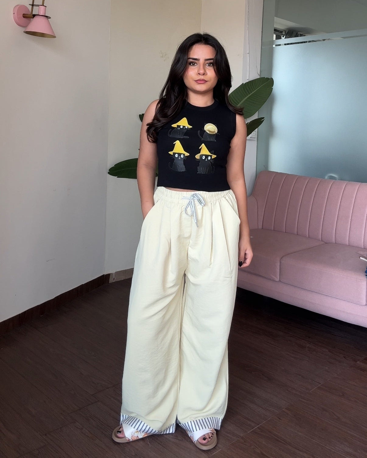 Drawstring Detail Hem Striped Cotton Pajama Pants