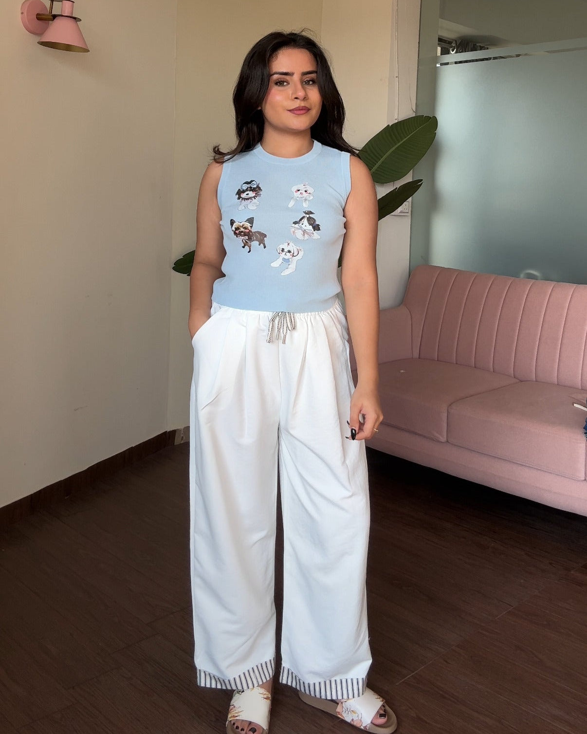 Drawstring Detail Hem Striped Cotton Pajama Pants