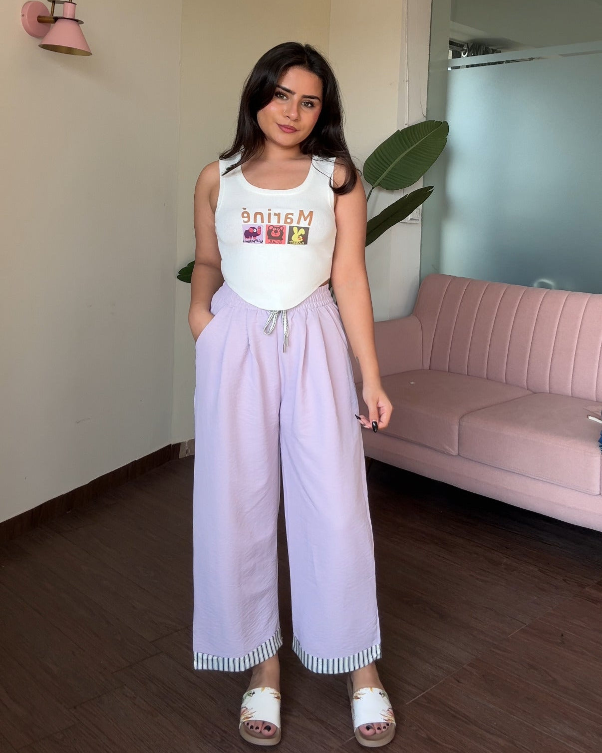 Drawstring Detail Hem Striped Cotton Pajama Pants