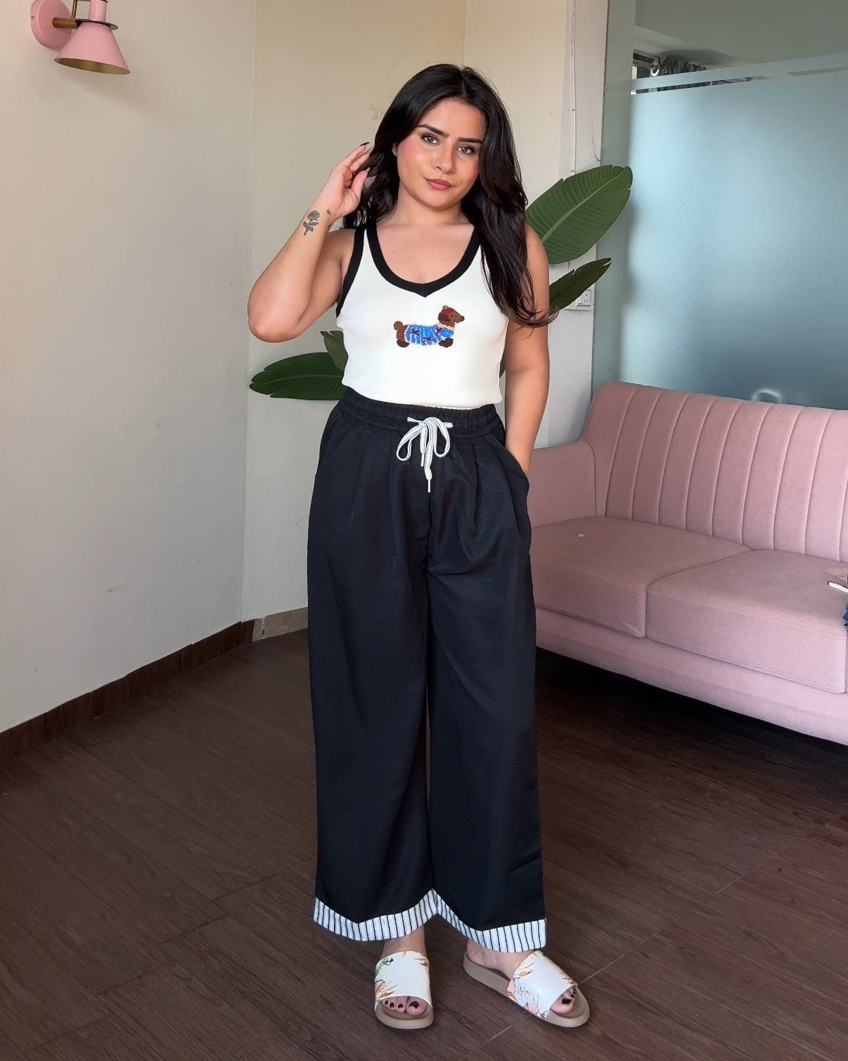 Drawstring Detail Hem Striped Cotton Pajama Pants